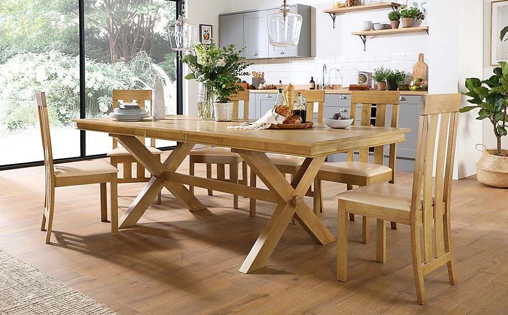 Grange Extending Dining Table & 4 Chester Chairs, Natural Oak Veneer & Solid Hardwood, Ivory Classic Faux Leather & Natural Oak Finished Solid Hardwood, 180-220cm