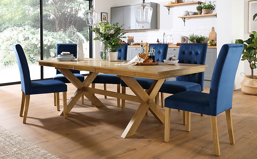 Grange Extending Dining Table & 8 Regent Chairs, Natural Oak Veneer & Solid Hardwood, Blue Classic Velvet & Natural Oak Finished Solid Hardwood, 180-220cm