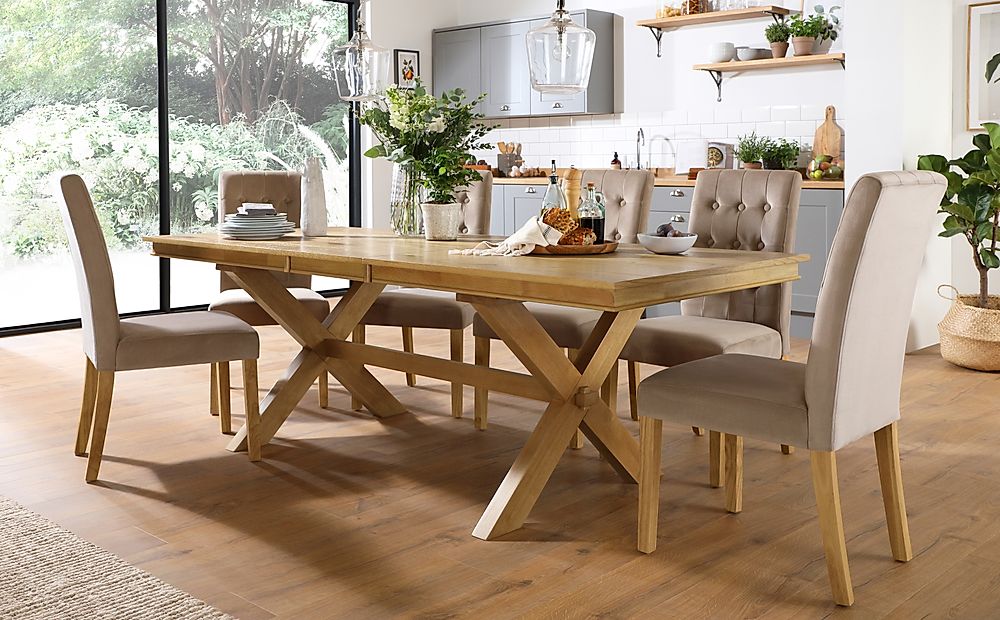 Grange Extending Dining Table & 6 Regent Chairs, Natural Oak Veneer & Solid Hardwood, Champagne Classic Velvet & Natural Oak Finished Solid Hardwood, 180-220cm