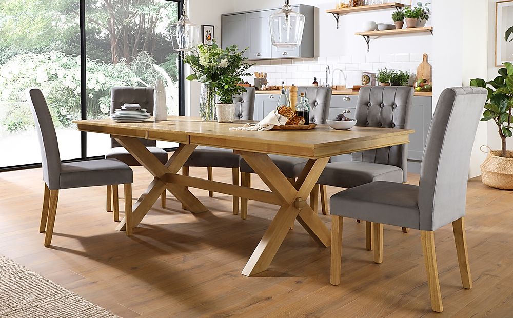 Grange Extending Dining Table & 4 Regent Chairs, Natural Oak Veneer & Solid Hardwood, Grey Classic Velvet & Natural Oak Finished Solid Hardwood, 180-220cm
