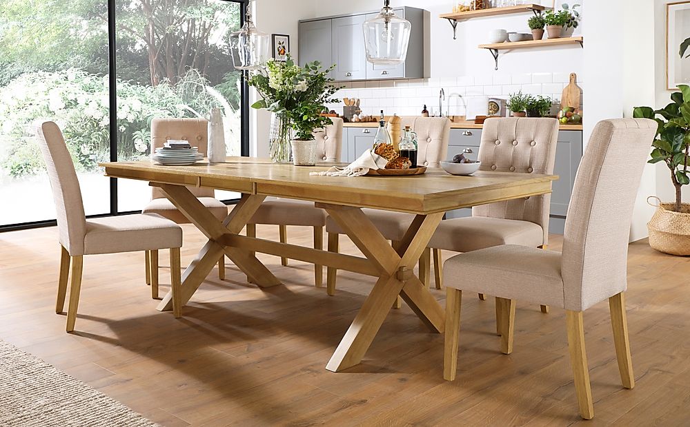Grange Extending Dining Table & 6 Regent Chairs, Natural Oak Veneer & Solid Hardwood, Oatmeal Classic Linen-Weave Fabric & Natural Oak Finished Solid Hardwood, 180-220cm