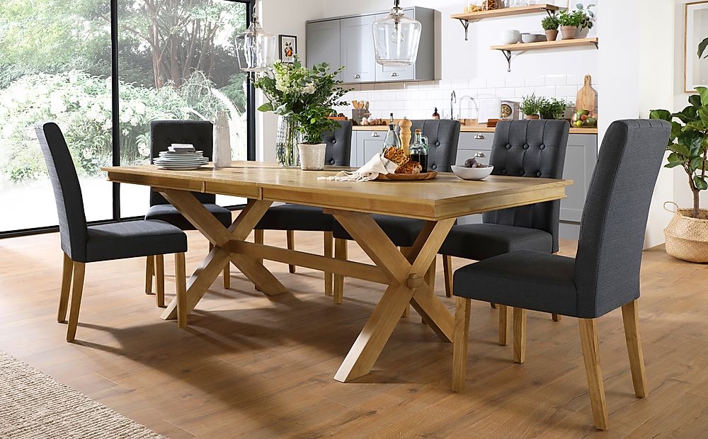 Grange Extending Dining Table & 4 Regent Chairs, Natural Oak Veneer & Solid Hardwood, Slate Grey Classic Linen-Weave Fabric & Natural Oak Finished Solid Hardwood, 180-220cm