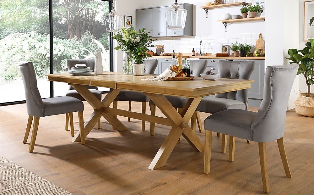 Grange Extending Dining Table & 6 Bewley Chairs, Natural Oak Veneer & Solid Hardwood, Grey Classic Velvet & Natural Oak Finished Solid Hardwood, 180-220cm