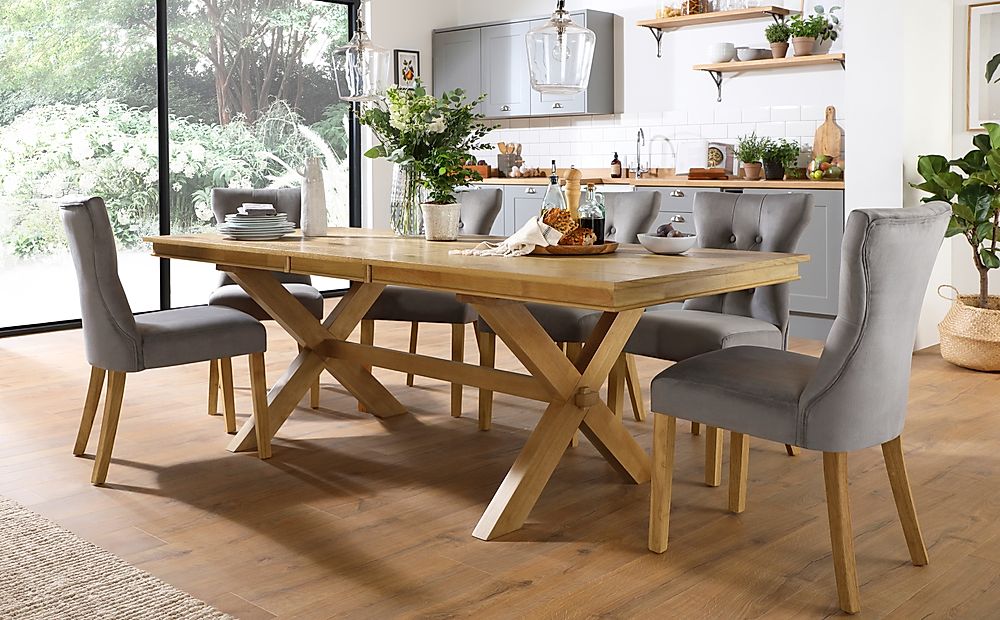 Grange Extending Dining Table & 8 Bewley Chairs, Natural Oak Veneer & Solid Hardwood, Grey Classic Velvet & Natural Oak Finished Solid Hardwood, 180-220cm