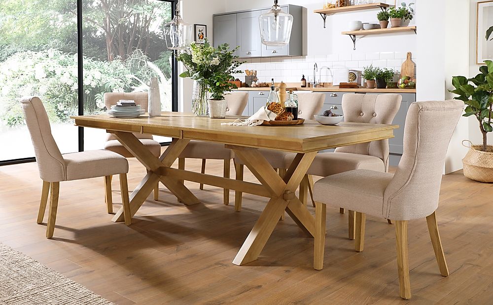 Grange Extending Dining Table & 4 Bewley Chairs, Natural Oak Veneer & Solid Hardwood, Oatmeal Classic Linen-Weave Fabric & Natural Oak Finished Solid Hardwood, 180-220cm