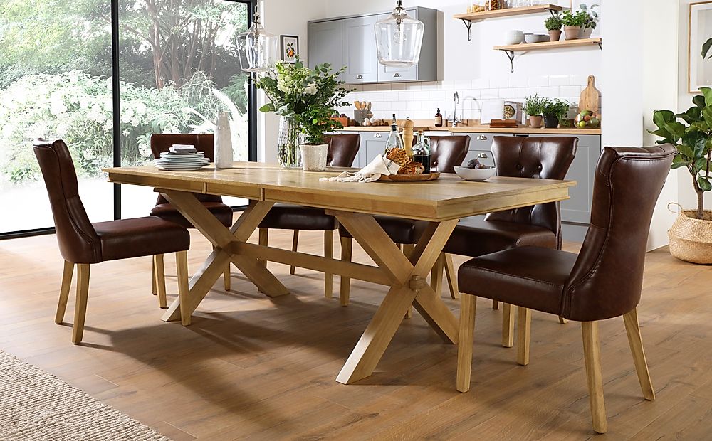 Grange Extending Dining Table & 6 Bewley Chairs, Natural Oak Veneer & Solid Hardwood, Club Brown Classic Faux Leather & Natural Oak Finished Solid Hardwood, 180-220cm