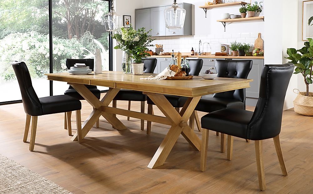 Grange Extending Dining Table & 6 Bewley Chairs, Natural Oak Veneer & Solid Hardwood, Black Classic Faux Leather & Natural Oak Finished Solid Hardwood, 180-220cm