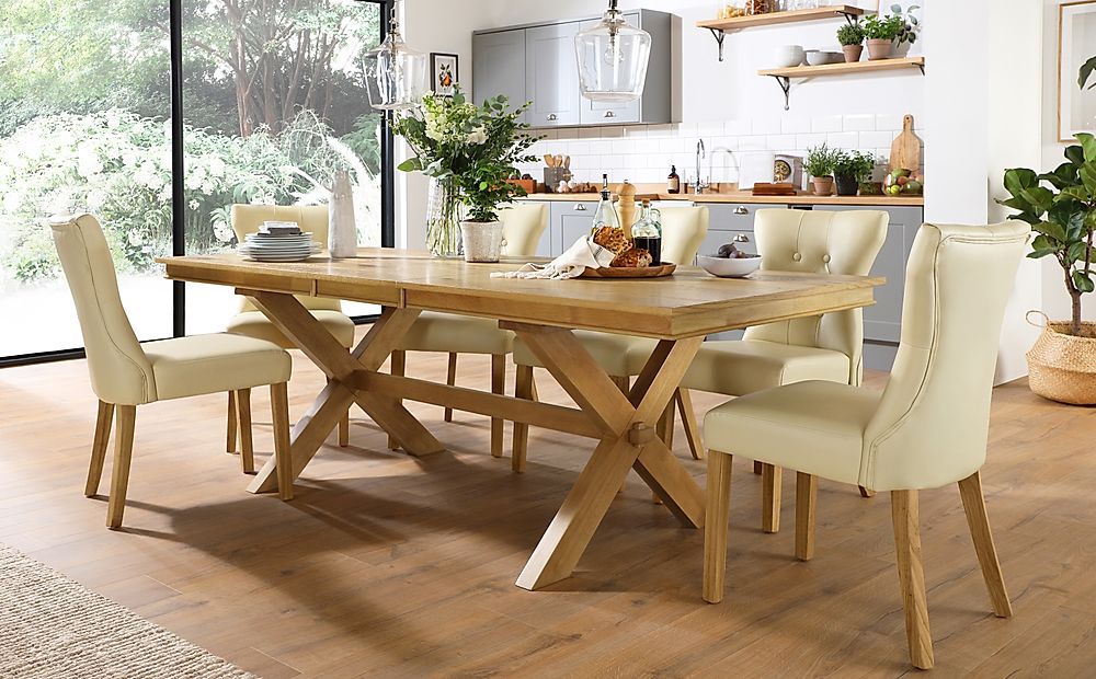 Grange Extending Dining Table & 4 Bewley Chairs, Natural Oak Veneer & Solid Hardwood, Ivory Classic Faux Leather & Natural Oak Finished Solid Hardwood, 180-220cm
