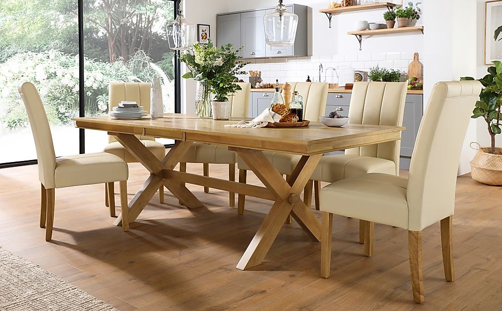 Grange Extending Dining Table & 4 Carrick Chairs, Natural Oak Veneer & Solid Hardwood, Ivory Classic Faux Leather & Natural Oak Finished Solid Hardwood, 180-220cm