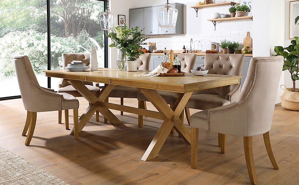 Grange Extending Dining Table & 4 Duke Chairs, Natural Oak Veneer & Solid Hardwood, Champagne Classic Velvet & Natural Oak Finished Solid Hardwood, 180-220cm