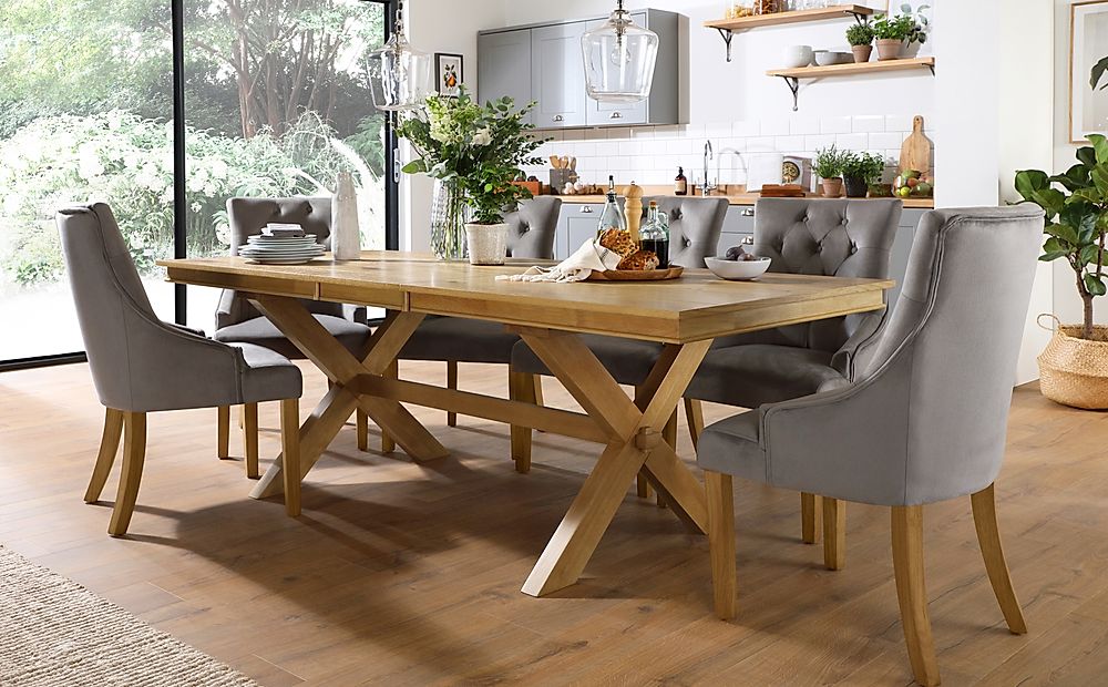 Grange Extending Dining Table & 6 Duke Chairs, Natural Oak Veneer & Solid Hardwood, Grey Classic Velvet & Natural Oak Finished Solid Hardwood, 180-220cm