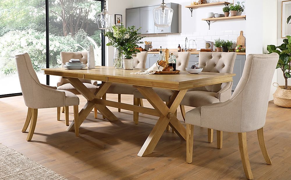 Grange Extending Dining Table & 6 Duke Chairs, Natural Oak Veneer & Solid Hardwood, Oatmeal Classic Linen-Weave Fabric & Natural Oak Finished Solid Hardwood, 180-220cm