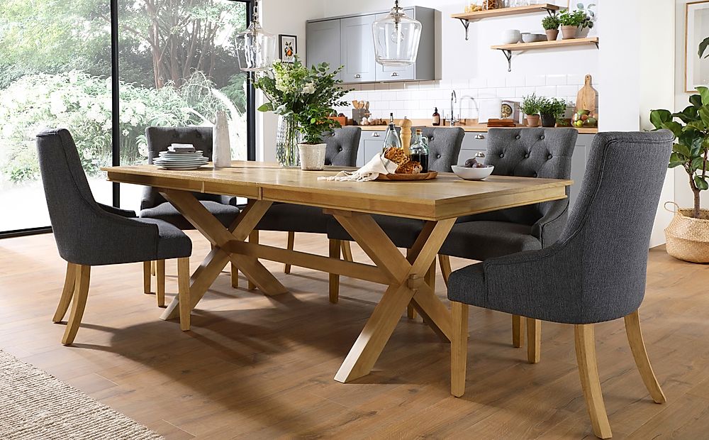 Grange Extending Dining Table & 4 Duke Chairs, Natural Oak Veneer & Solid Hardwood, Slate Grey Classic Linen-Weave Fabric & Natural Oak Finished Solid Hardwood, 180-220cm