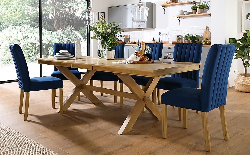 Grange Extending Dining Table & 8 Salisbury Chairs, Natural Oak Veneer & Solid Hardwood, Blue Classic Velvet & Natural Oak Finished Solid Hardwood, 180-220cm
