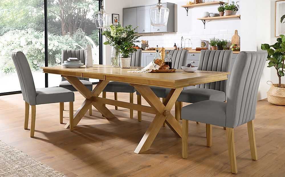 Grange Extending Dining Table & 6 Salisbury Chairs, Natural Oak Veneer & Solid Hardwood, Grey Classic Velvet & Natural Oak Finished Solid Hardwood, 180-220cm