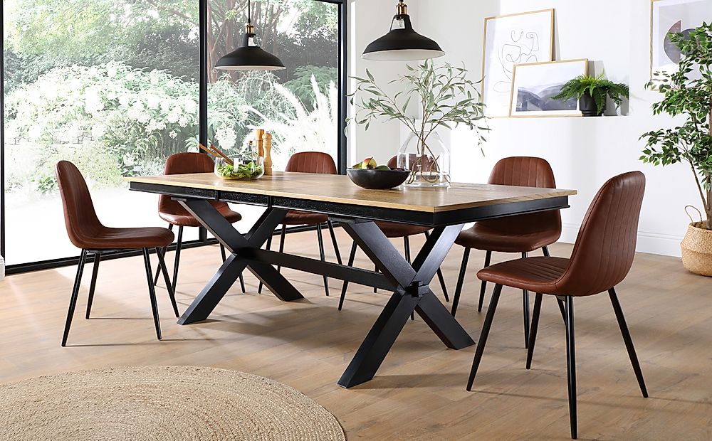 Grange Extending Dining Table & 4 Brooklyn Chairs, Natural Oak Veneer & Black Solid Hardwood, Tan Classic Faux Leather & Black Steel, 180-220cm