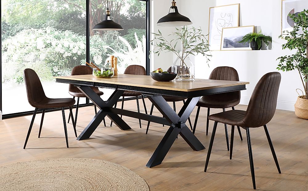 Grange Extending Dining Table & 6 Brooklyn Chairs, Natural Oak Veneer & Black Solid Hardwood, Vintage Brown Classic Faux Leather & Black Steel, 180-220cm