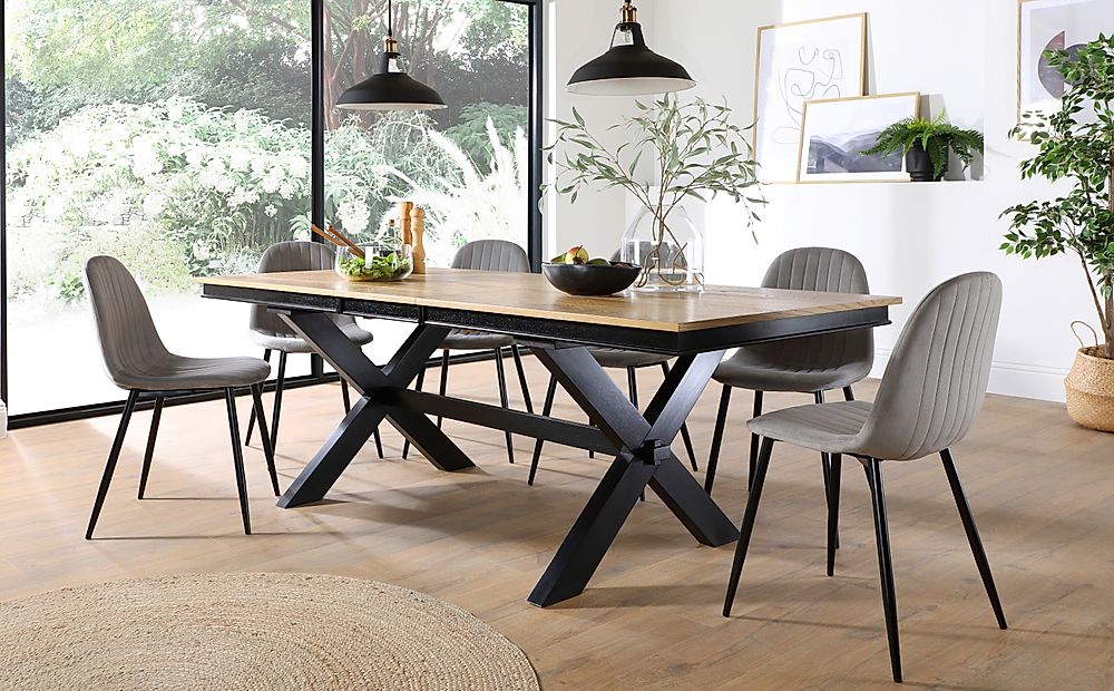 Grange Extending Dining Table & 4 Brooklyn Chairs, Natural Oak Veneer & Black Solid Hardwood, Grey Classic Velvet & Black Steel, 180-220cm