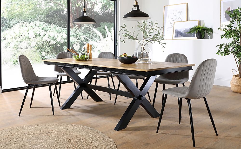 Grange Extending Dining Table & 6 Brooklyn Chairs, Natural Oak Veneer & Black Solid Hardwood, Grey Classic Velvet & Black Steel, 180-220cm