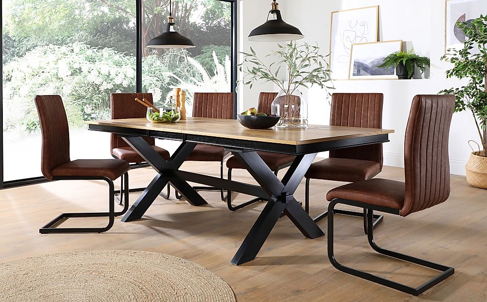 Grange Extending Dining Table & 4 Perth Chairs, Natural Oak Veneer & Black Solid Hardwood, Tan Classic Faux Leather & Black Steel, 180-220cm