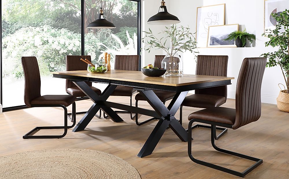 Grange Extending Dining Table & 6 Perth Chairs, Natural Oak Veneer & Black Solid Hardwood, Vintage Brown Classic Faux Leather & Black Steel, 180-220cm