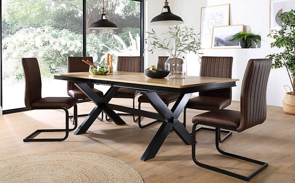 Grange Extending Dining Table & 8 Perth Chairs, Natural Oak Veneer & Black Solid Hardwood, Vintage Brown Classic Faux Leather & Black Steel, 180-220cm