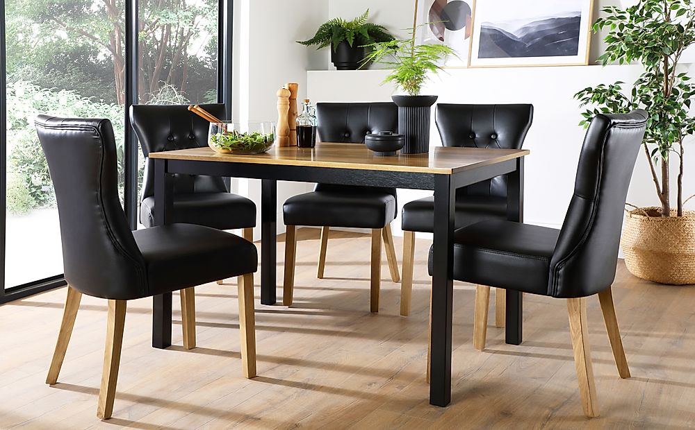 Milton Dining Table & 4 Bewley Chairs, Natural Oak Finish & Black Solid Hardwood, Black Classic Faux Leather & Natural Oak Finished Solid Hardwood, 120cm