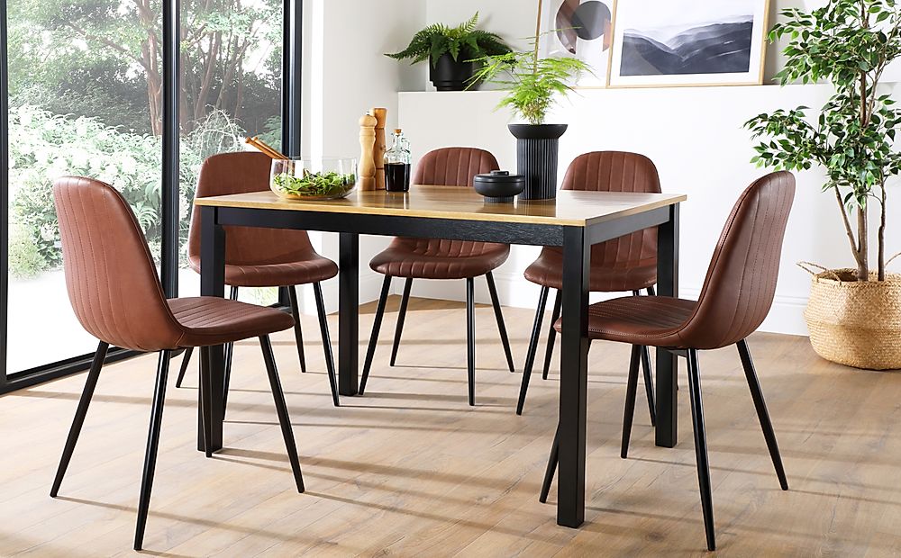 Milton Dining Table & 4 Brooklyn Chairs, Natural Oak Finish & Black Solid Hardwood, Tan Classic Faux Leather & Black Steel, 120cm