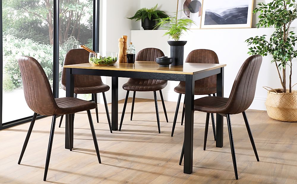 Milton Dining Table & 4 Brooklyn Chairs, Natural Oak Finish & Black Solid Hardwood, Vintage Brown Classic Faux Leather & Black Steel, 120cm