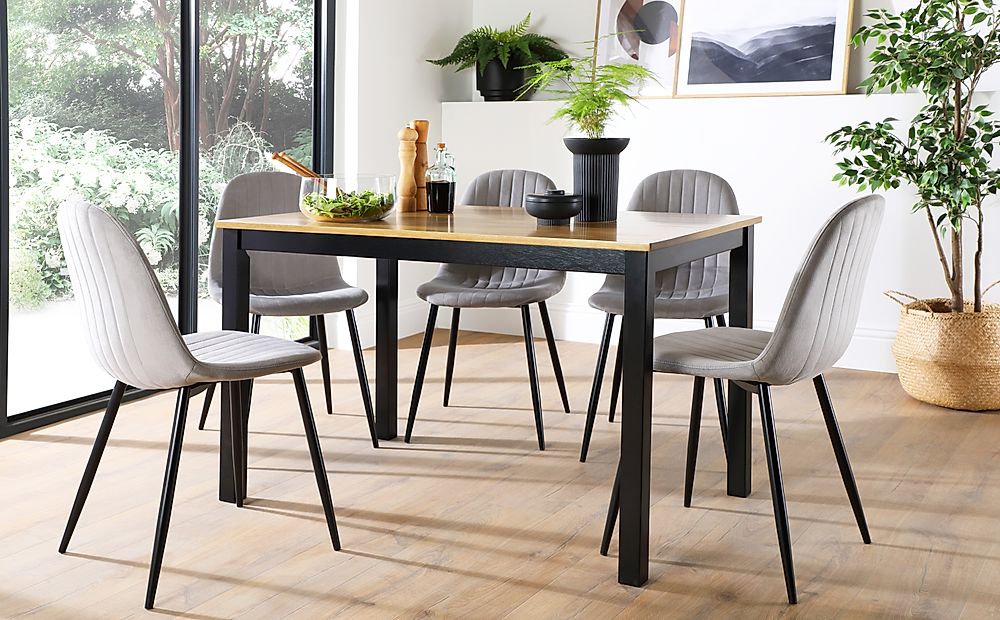 Milton Dining Table & 4 Brooklyn Chairs, Natural Oak Finish & Black Solid Hardwood, Grey Classic Velvet & Black Steel, 120cm