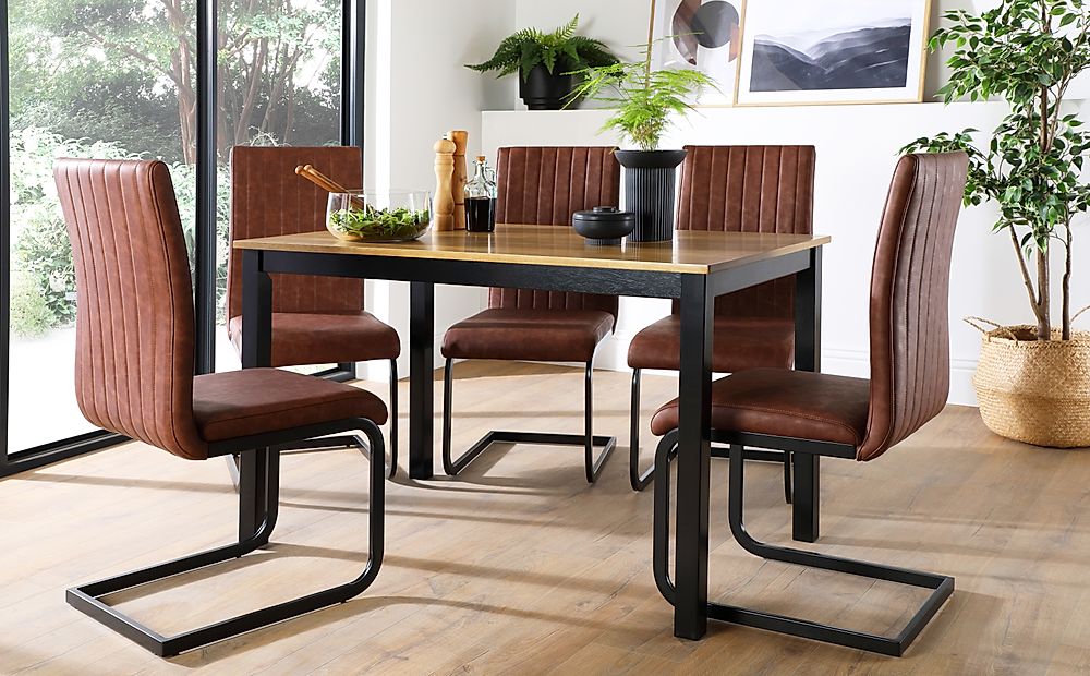 Milton Dining Table & 4 Perth Chairs, Natural Oak Finish & Black Solid Hardwood, Tan Classic Faux Leather & Black Steel, 120cm