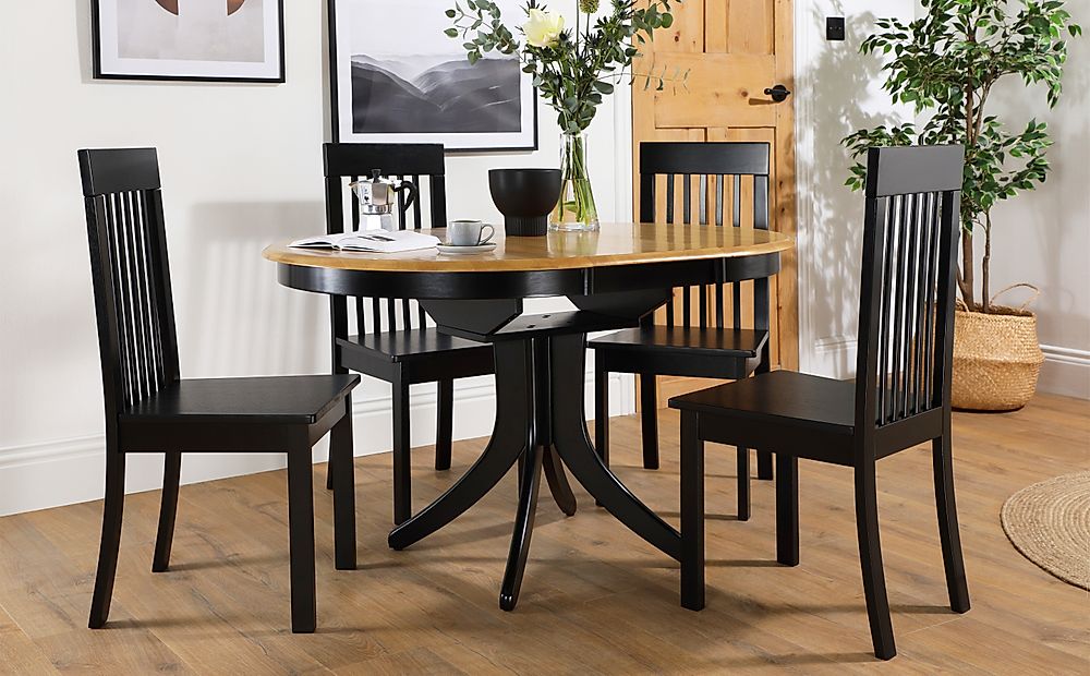 Oak Extending Dining Table, Black Round Table And Chairs
