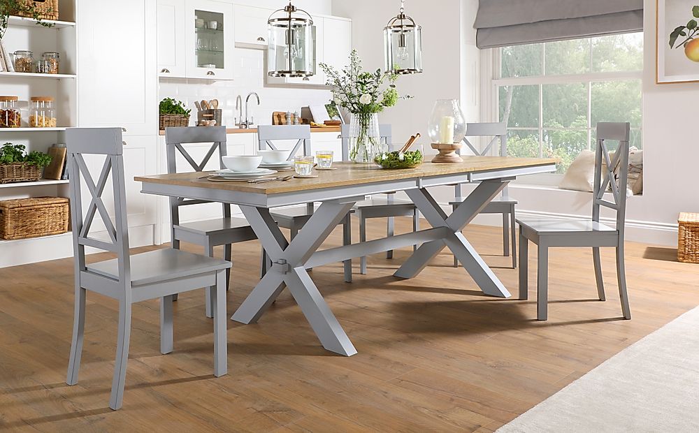 Grange Extending Dining Table & 6 Kendal Chairs, Natural Oak Veneer & Grey Solid Hardwood, Grey Solid Hardwood, 180-220cm
