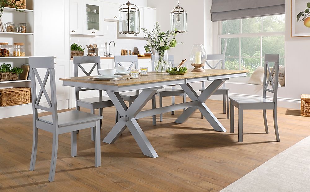 Grange Extending Dining Table & 8 Kendal Chairs, Natural Oak Veneer & Grey Solid Hardwood, 180-220cm