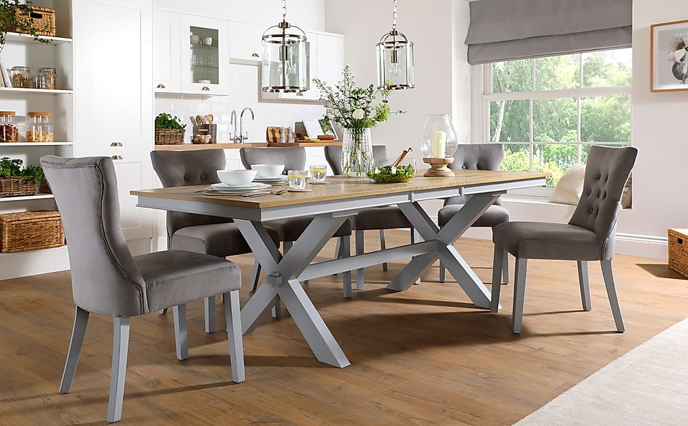 Grange Extending Dining Table & 6 Bewley Chairs, Natural Oak Veneer & Grey Solid Hardwood, Grey Classic Velvet, 180-220cm