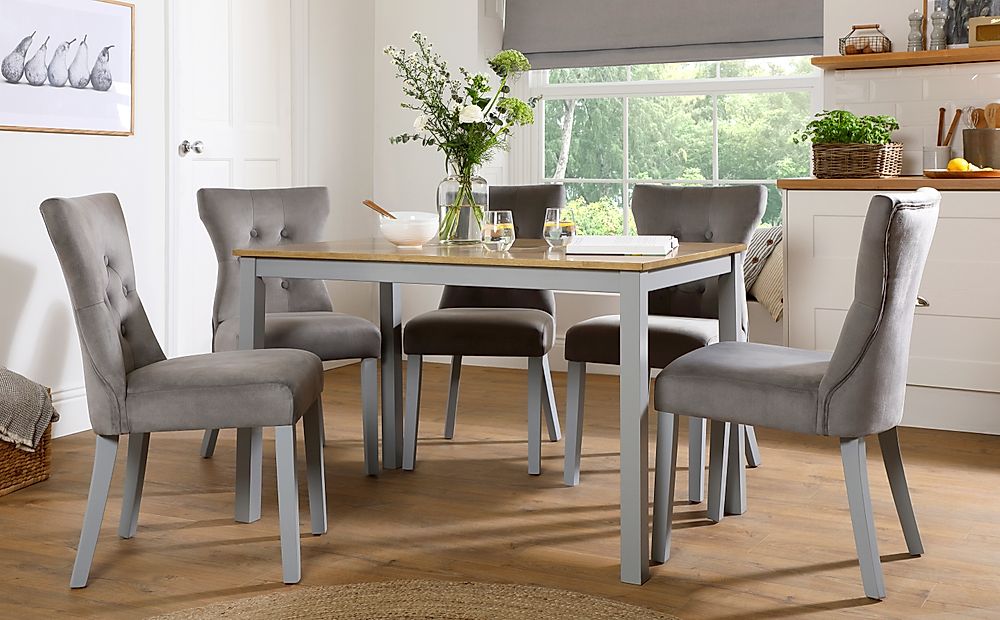 Milton Dining Table & 4 Bewley Chairs, Natural Oak Finish & Grey Solid Hardwood, Grey Classic Velvet, 120cm