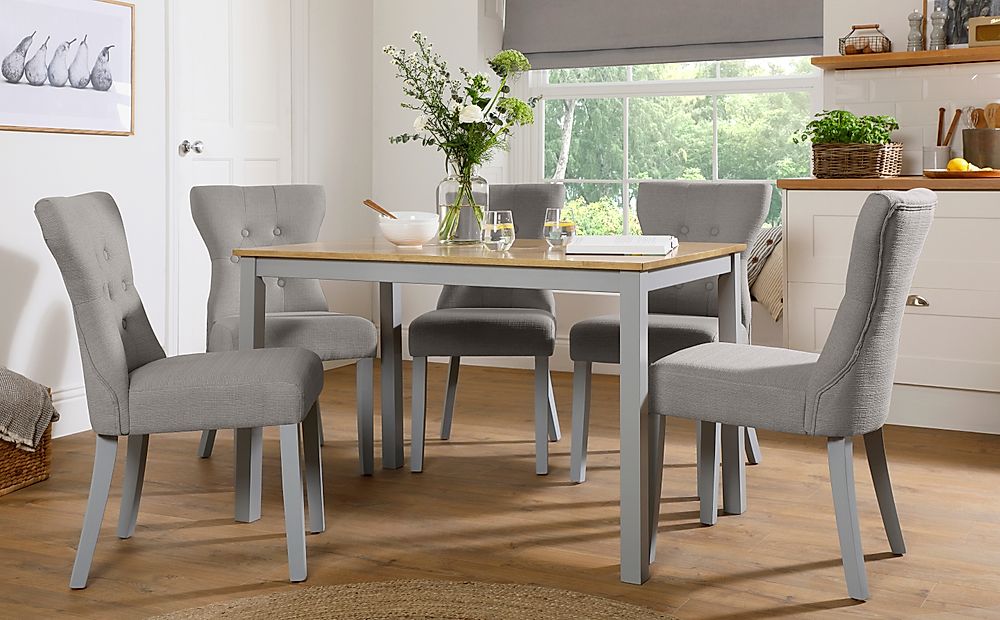 Milton Dining Table & 4 Bewley Chairs, Natural Oak Finish & Grey Solid Hardwood, Light Grey Classic Linen-Weave Fabric, 120cm