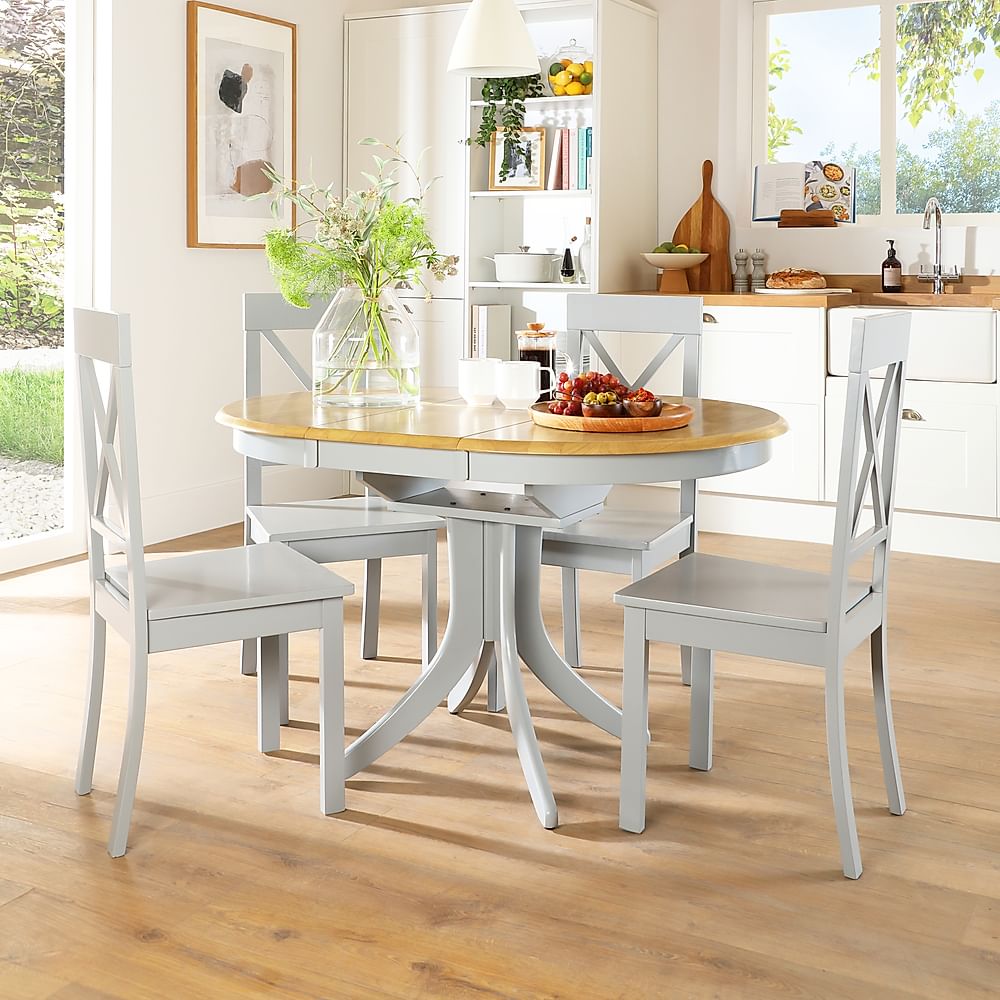 Hudson Round Extending Dining Table & 4 Kendal Chairs, Natural Oak Finish & Grey Solid Hardwood, Grey Solid Hardwood, 90-120cm