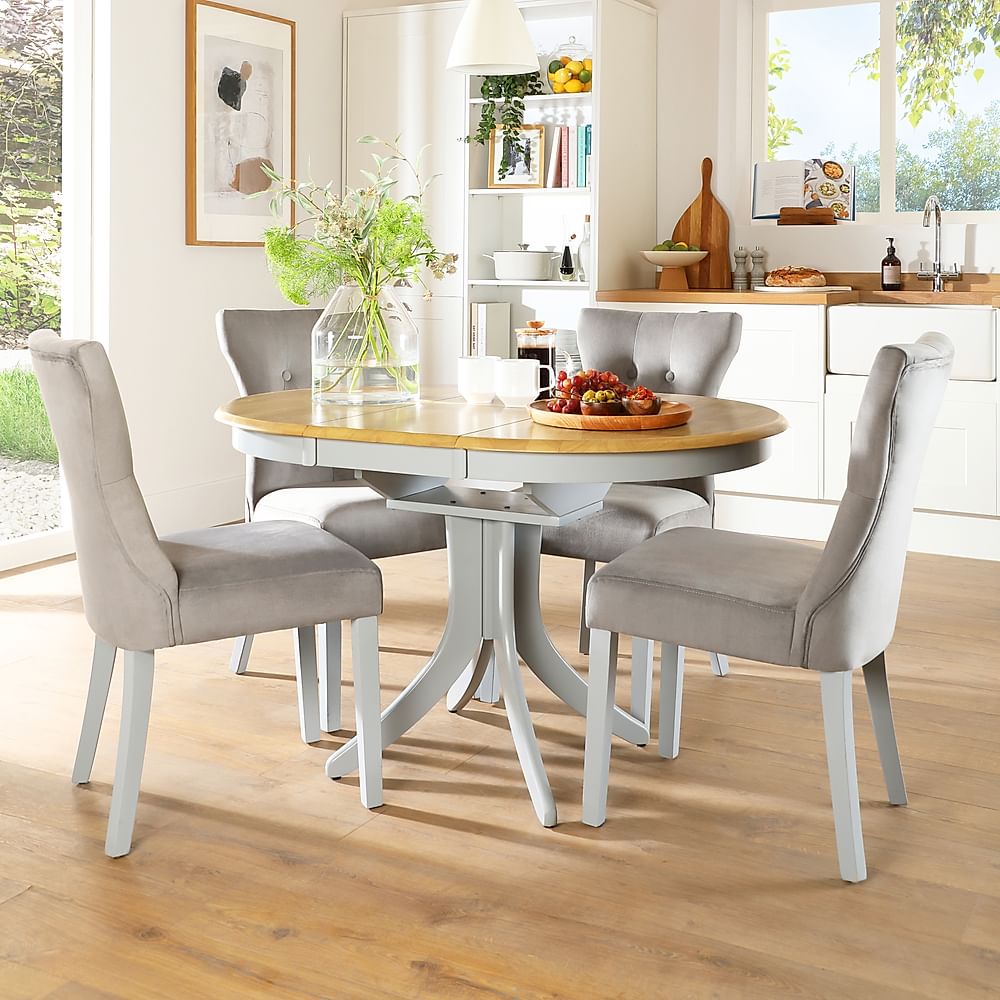 Hudson Round Extending Dining Table & 4 Bewley Chairs, Natural Oak Finish & Grey Solid Hardwood, Grey Classic Velvet, 90-120cm