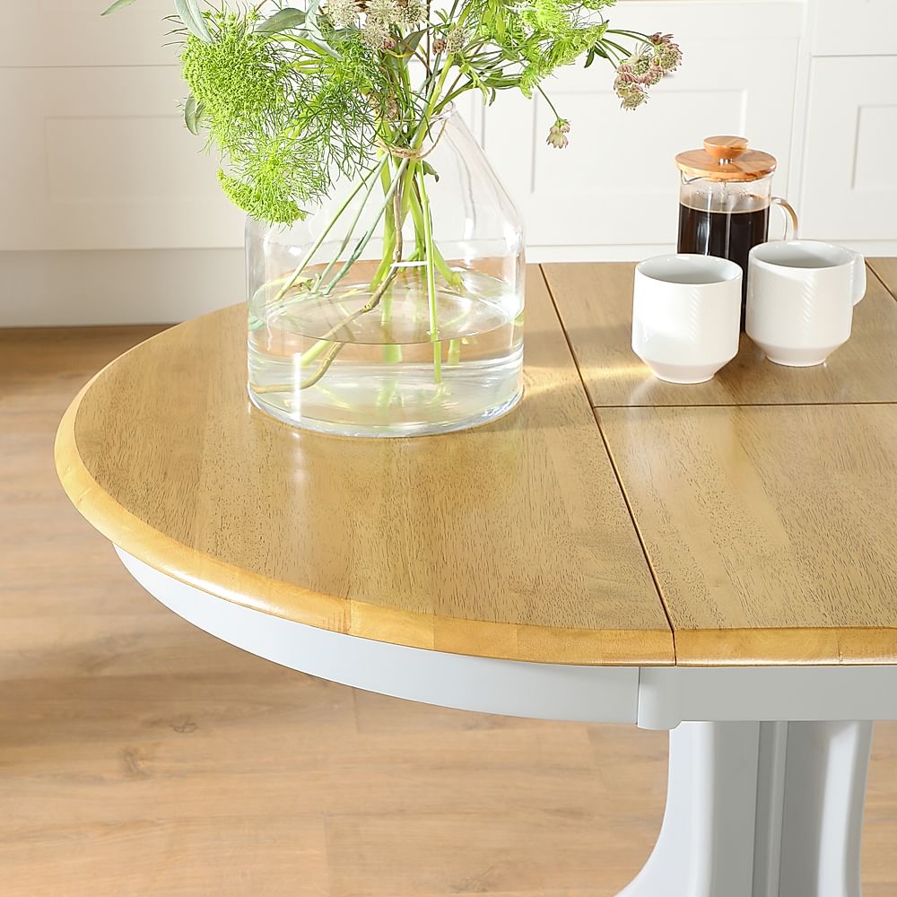 Hudson Round Extending Dining Table & 6 Bewley Chairs, Natural Oak Finish &  Grey Solid Hardwood, Grey Classic Velvet, 90-120cm Only £749.99