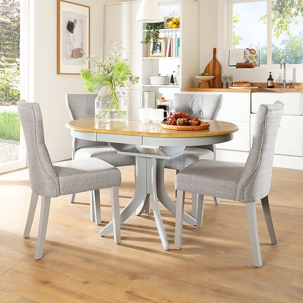 Hudson Round Painted Grey And Oak Extending Dining Table With 4 Bewley Light Grey Fabric Chairs Furniture And Choice