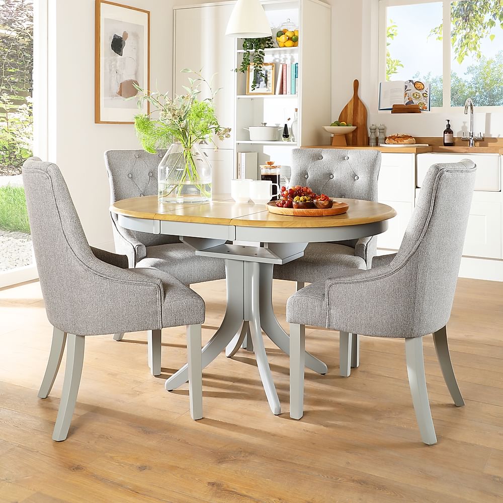 Hudson Round Extending Dining Table & 4 Duke Chairs, Natural Oak Finish & Grey Solid Hardwood, Light Grey Classic Linen-Weave Fabric, 90-120cm