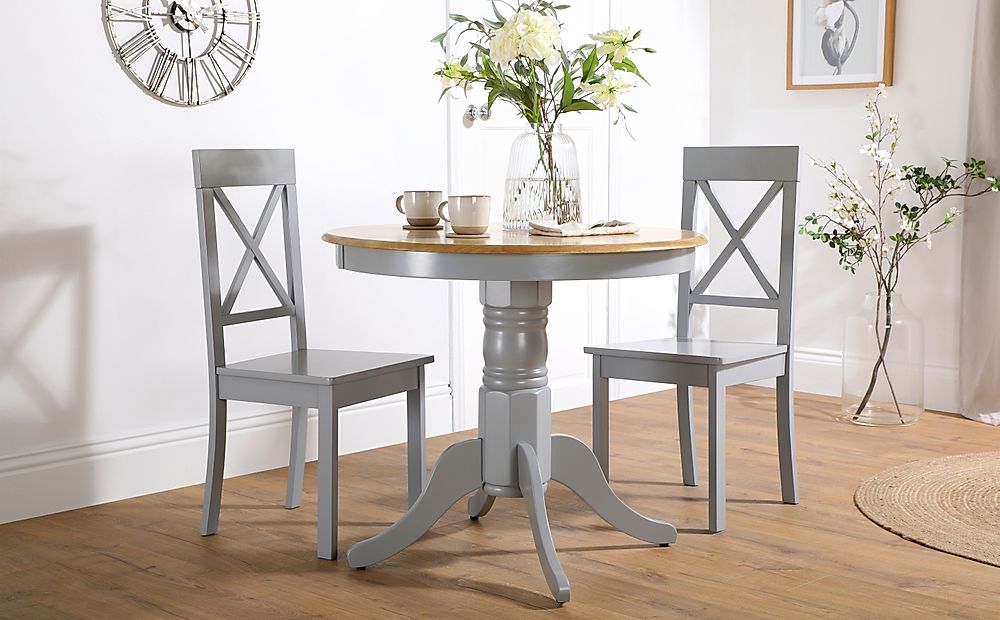 Kingston Round Dining Table & 2 Kendal Chairs, Natural Oak Finish & Grey Solid Hardwood, Grey Solid Hardwood, 90cm