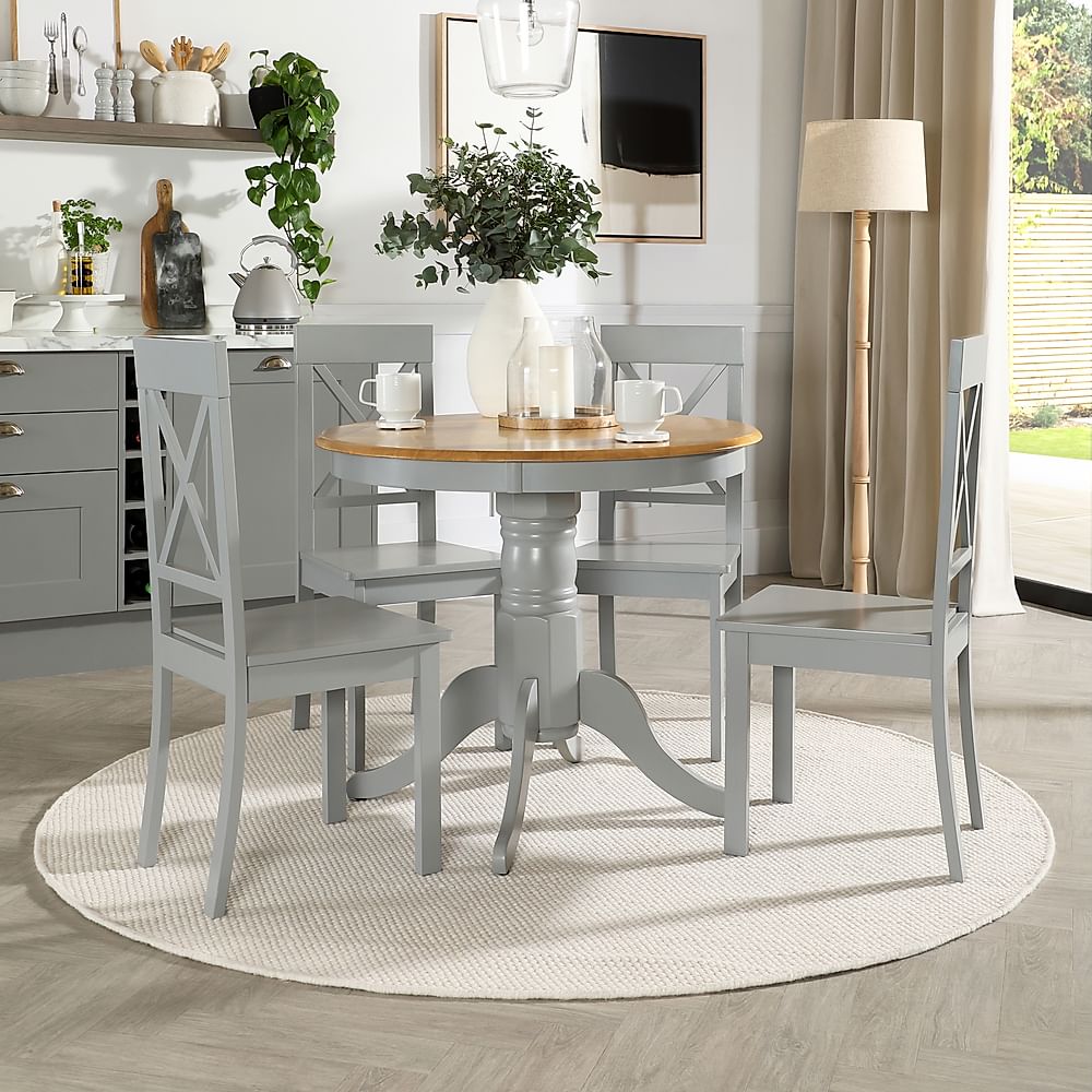 Kingston Round Dining Table & 4 Kendal Chairs, Natural Oak Finish & Grey Solid Hardwood, Grey Solid Hardwood, 90cm