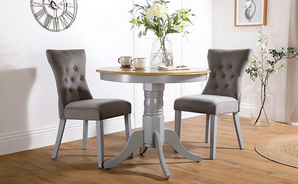 Kingston Round Dining Table & 2 Bewley Chairs, Natural Oak Finish & Grey Solid Hardwood, Grey Classic Velvet, 90cm