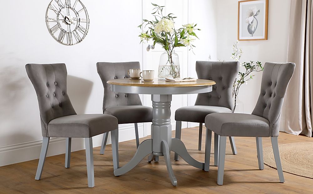 Kingston Round Dining Table & 4 Bewley Chairs, Natural Oak Finish & Grey Solid Hardwood, Grey Classic Velvet, 90cm