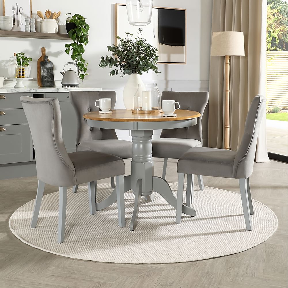 Kingston Round Dining Table & 4 Bewley Chairs, Natural Oak Finish & Grey Solid Hardwood, Grey Classic Velvet, 90cm