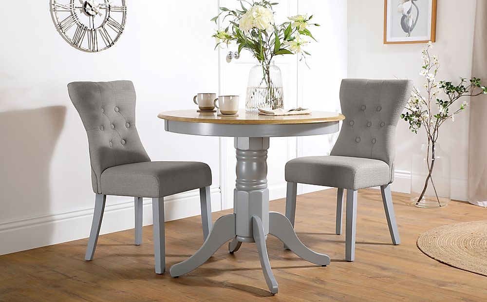 Kingston Round Dining Table & 2 Bewley Chairs, Natural Oak Finish & Grey Solid Hardwood, Light Grey Classic Linen-Weave Fabric, 90cm