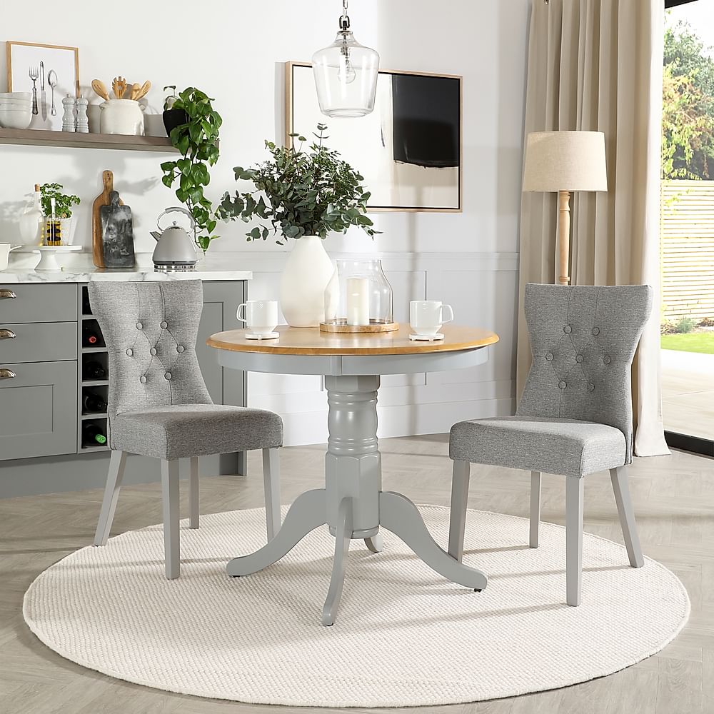 Kingston Round Dining Table & 2 Bewley Chairs, Natural Oak Finish & Grey Solid Hardwood, Light Grey Classic Linen-Weave Fabric, 90cm