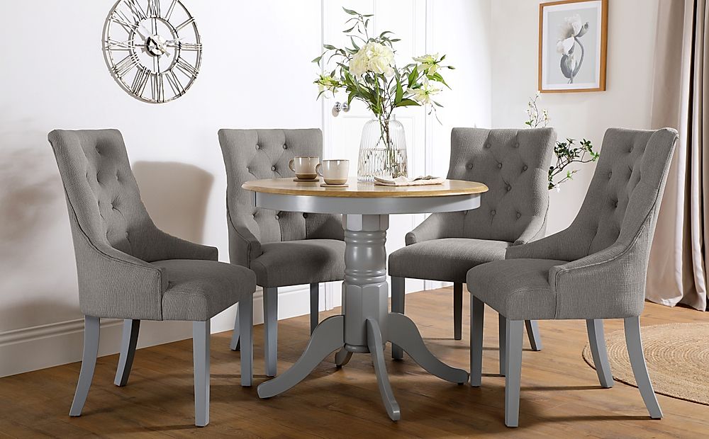 Kingston Round Dining Table & 4 Duke Chairs, Natural Oak Finish & Grey Solid Hardwood, Light Grey Classic Linen-Weave Fabric, 90cm